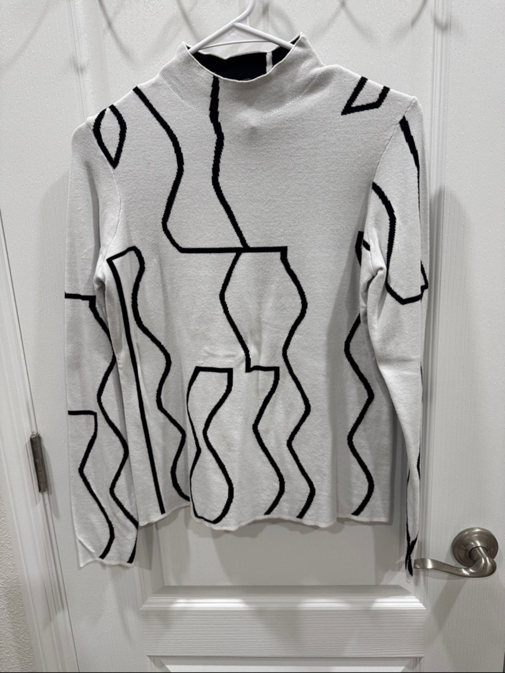 CHARLIE B White Mock Neck Sweater with Black Abstract Lines